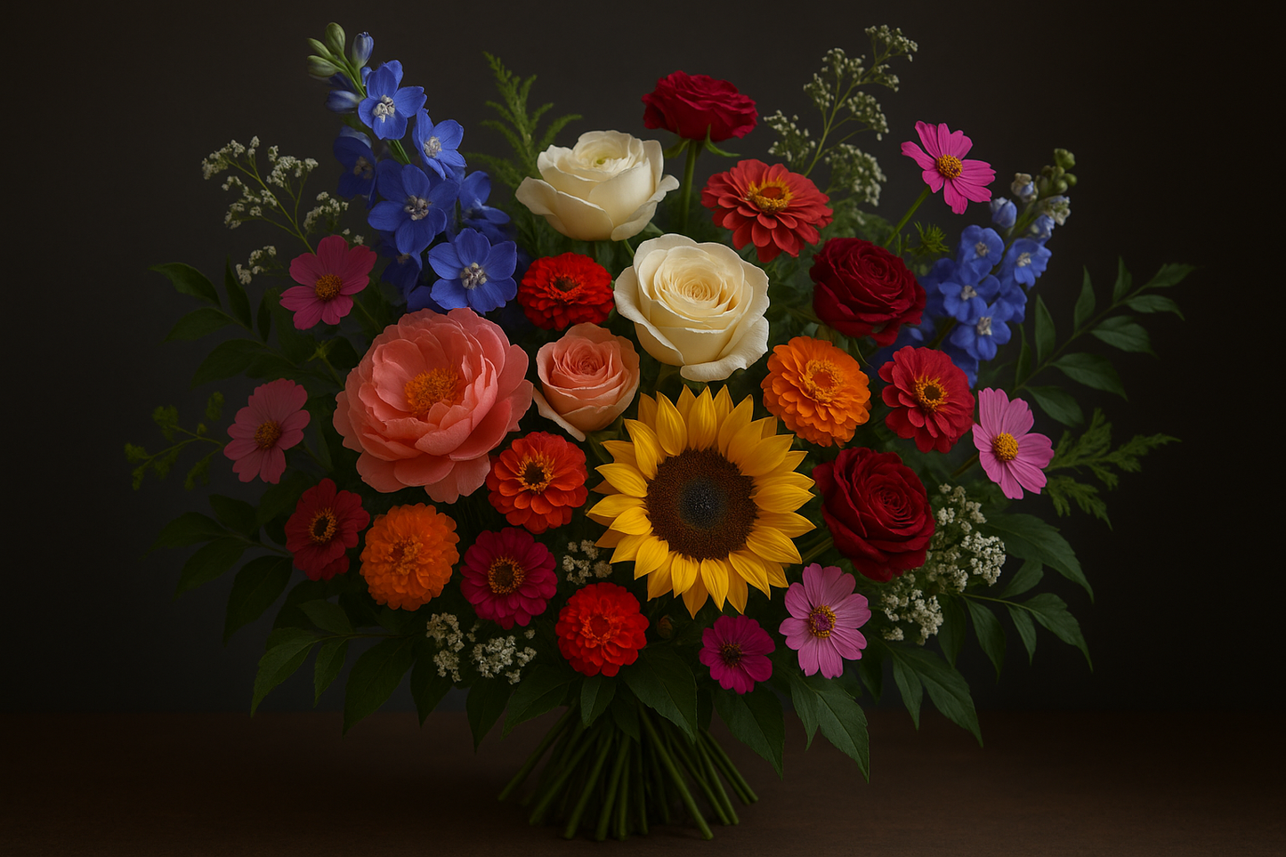 a luxury larger flower bouquet with the common flowers grown on a flower farm