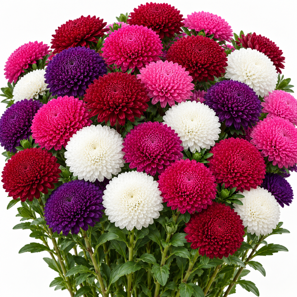 Illustration of mature Aster Bonita Mix pompon-style blooms in mixed colors. AI generated; not an actual photograph of this cultivar.