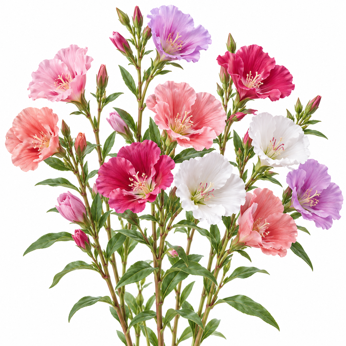 AI-generated illustration representing Godetia Grace Mix, with pink, lavender, salmon, and white blooms on branching green stems; not a photo of this cultivar.