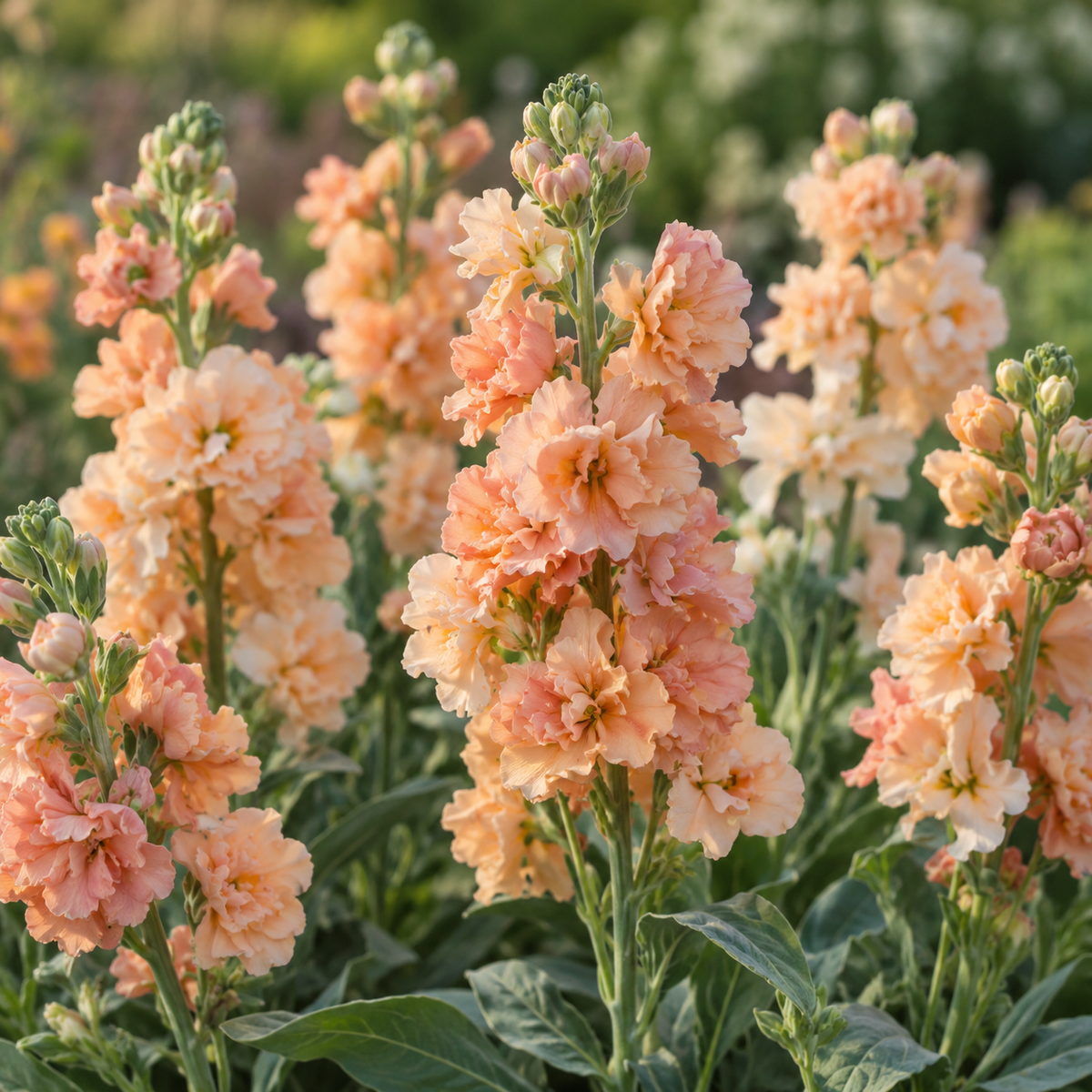 AI-generated illustrative depiction of Stock Iron Apricot mature peach-colored flowers, not a photograph of the actual plants.